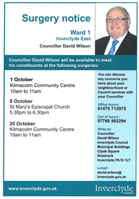 Councillor David Wilson 1 Oct to 29 October Surgeries 2018